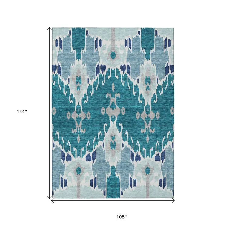 9' X 12' Teal Blue Navy Blue And Gray Ikat Washable Indoor Outdoor Area Rug