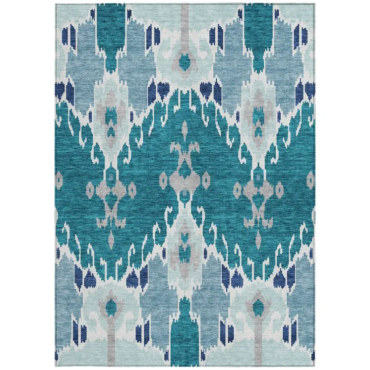 9' X 12' Teal Blue Navy Blue And Gray Ikat Washable Indoor Outdoor Area Rug