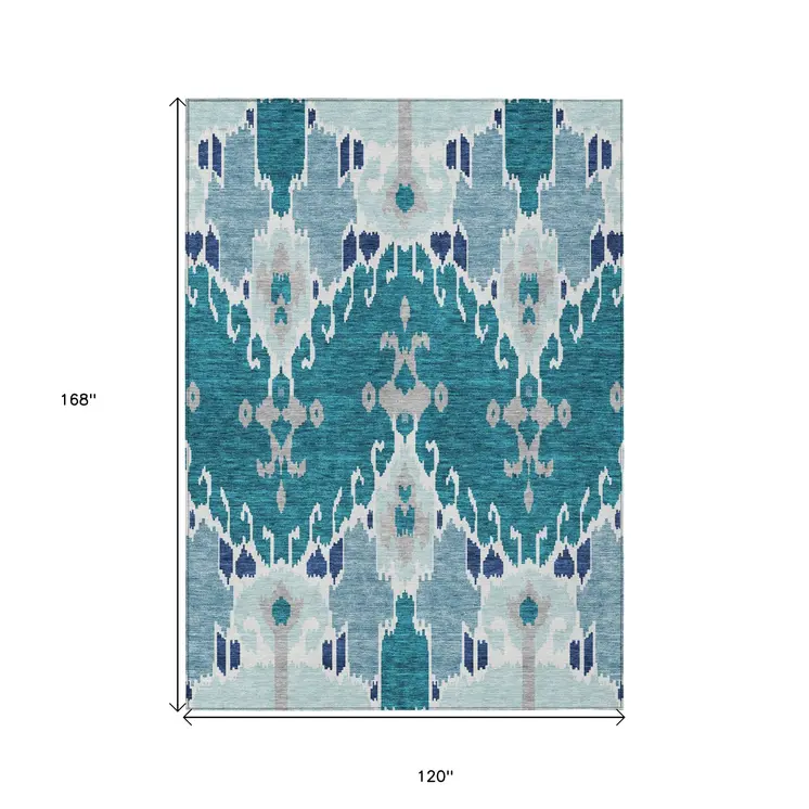 10' X 14' Teal Blue Navy Blue And Gray Ikat Washable Indoor Outdoor Area Rug