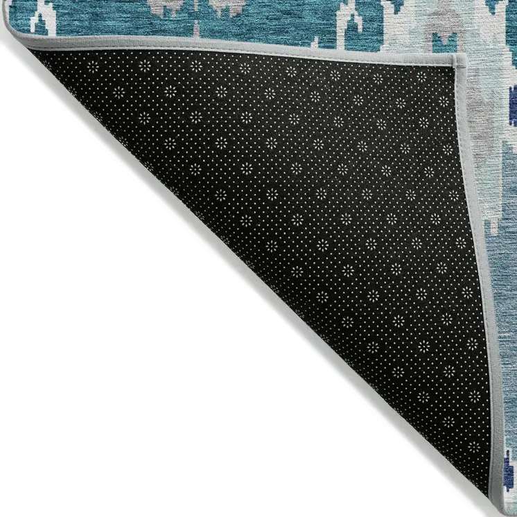 10' X 14' Teal Blue Navy Blue And Gray Ikat Washable Indoor Outdoor Area Rug