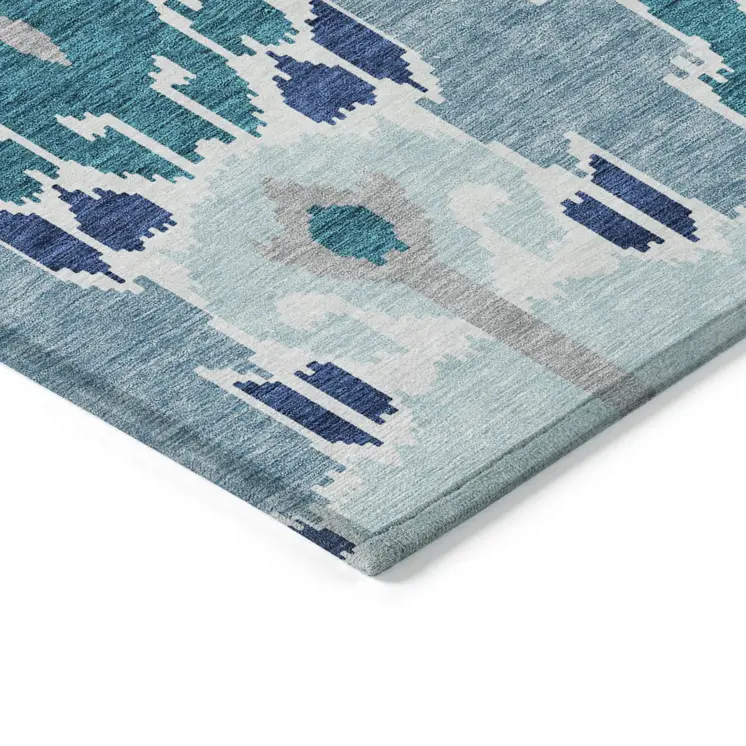 10' X 14' Teal Blue Navy Blue And Gray Ikat Washable Indoor Outdoor Area Rug