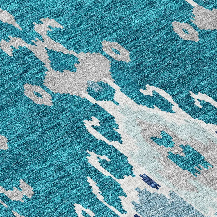 10' X 14' Teal Blue Navy Blue And Gray Ikat Washable Indoor Outdoor Area Rug