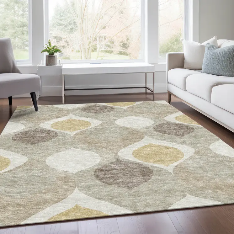 5' X 8' Beige Taupe And Ivory Ogee Washable Indoor Outdoor Area Rug