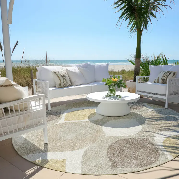 8' Beige Taupe And Ivory Round Ogee Washable Indoor Outdoor Area Rug