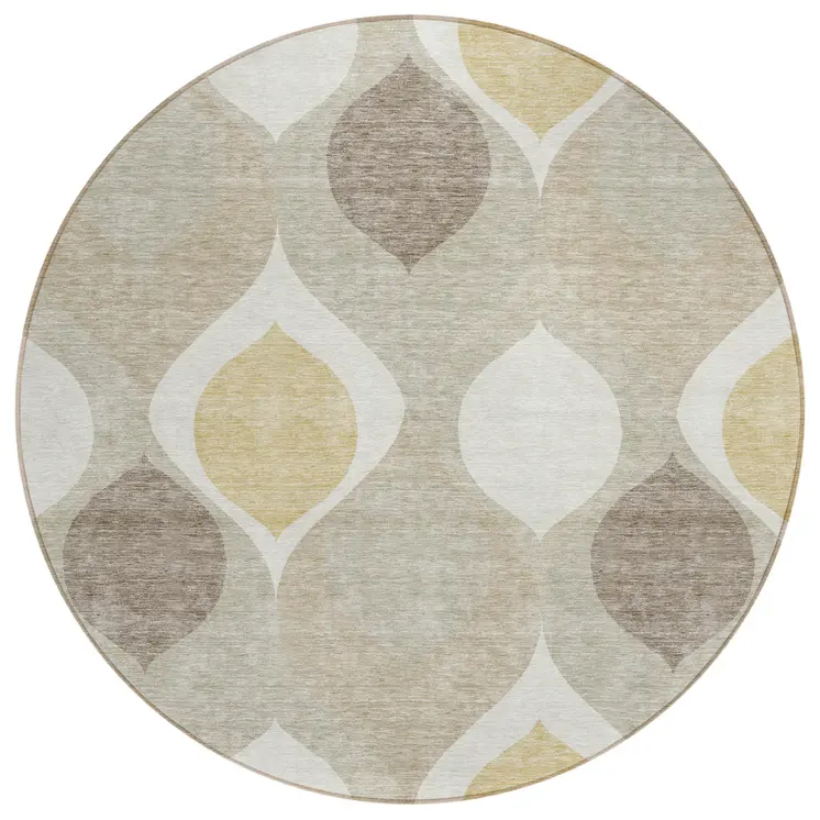 8' Beige Taupe And Ivory Round Ogee Washable Indoor Outdoor Area Rug