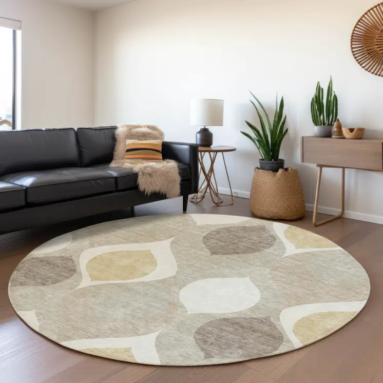 8' Beige Taupe And Ivory Round Ogee Washable Indoor Outdoor Area Rug