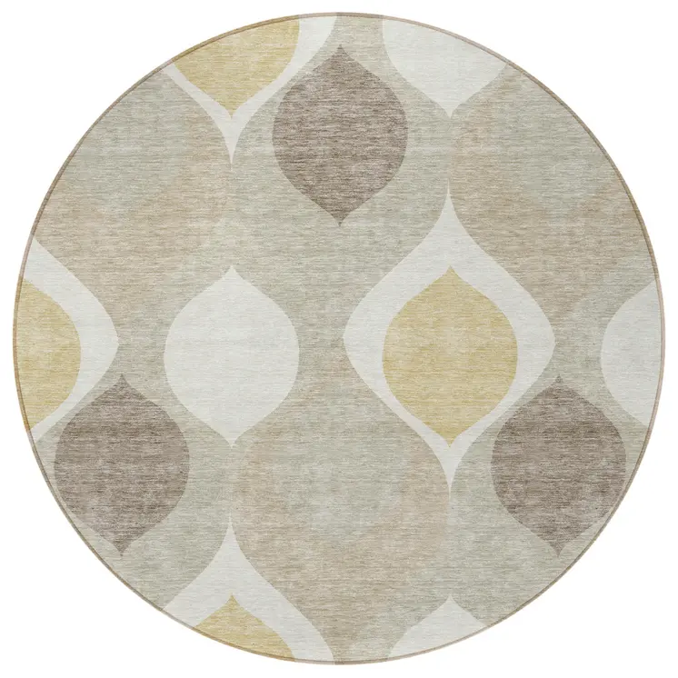 8' Beige Taupe And Ivory Round Ogee Washable Indoor Outdoor Area Rug