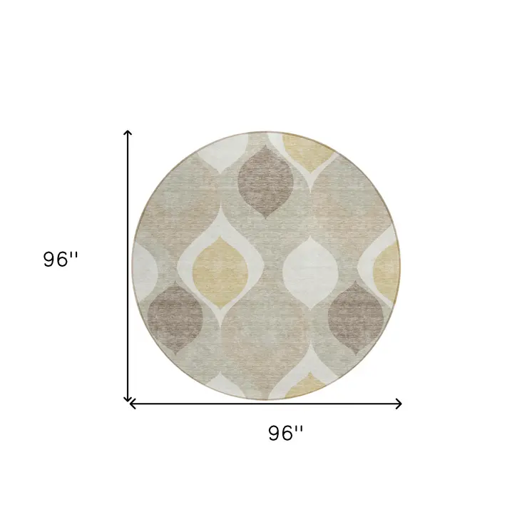 8' Beige Taupe And Ivory Round Ogee Washable Indoor Outdoor Area Rug