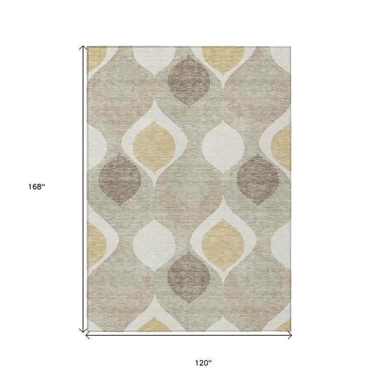 10' X 14' Beige Taupe And Ivory Ogee Washable Indoor Outdoor Area Rug