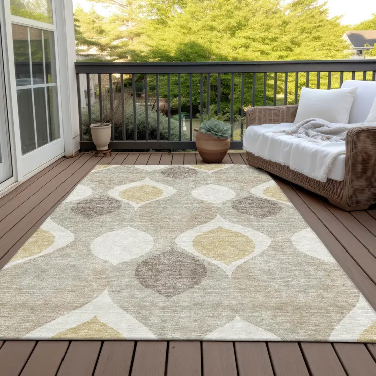 10' X 14' Beige Taupe And Ivory Ogee Washable Indoor Outdoor Area Rug