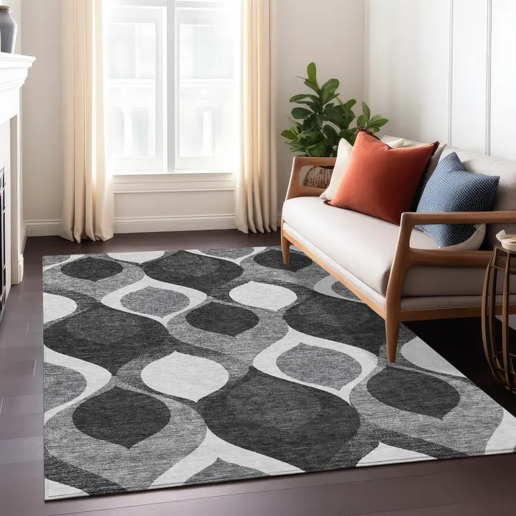 5' X 8' Black Silver And Charcoal Ogee Washable Indoor Outdoor Area Rug