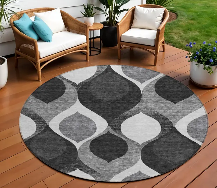 8' Black Silver And Charcoal Round Ogee Washable Indoor Outdoor Area Rug