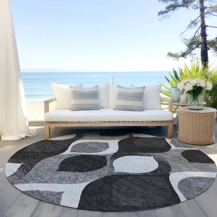 8' Black Silver And Charcoal Round Ogee Washable Indoor Outdoor Area Rug