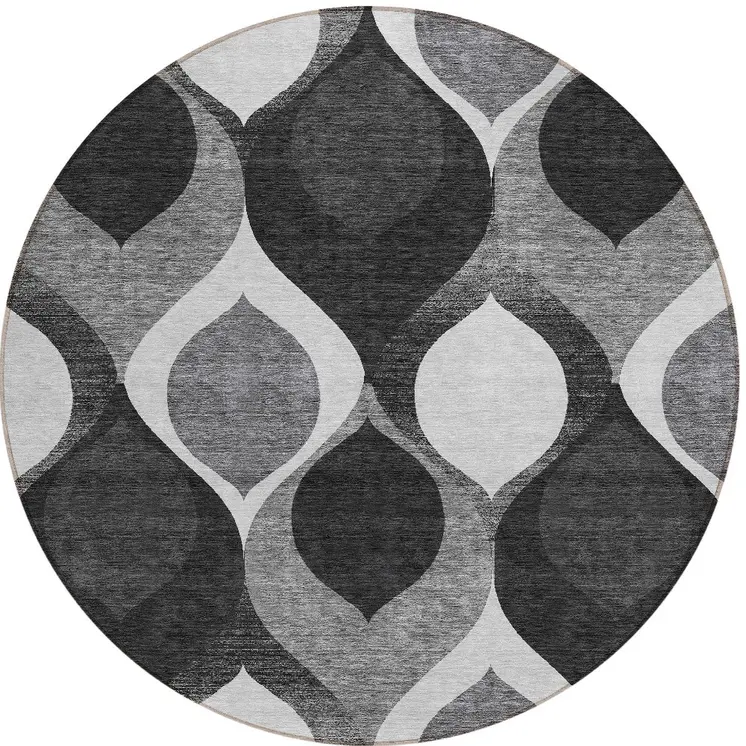 8' Black Silver And Charcoal Round Ogee Washable Indoor Outdoor Area Rug