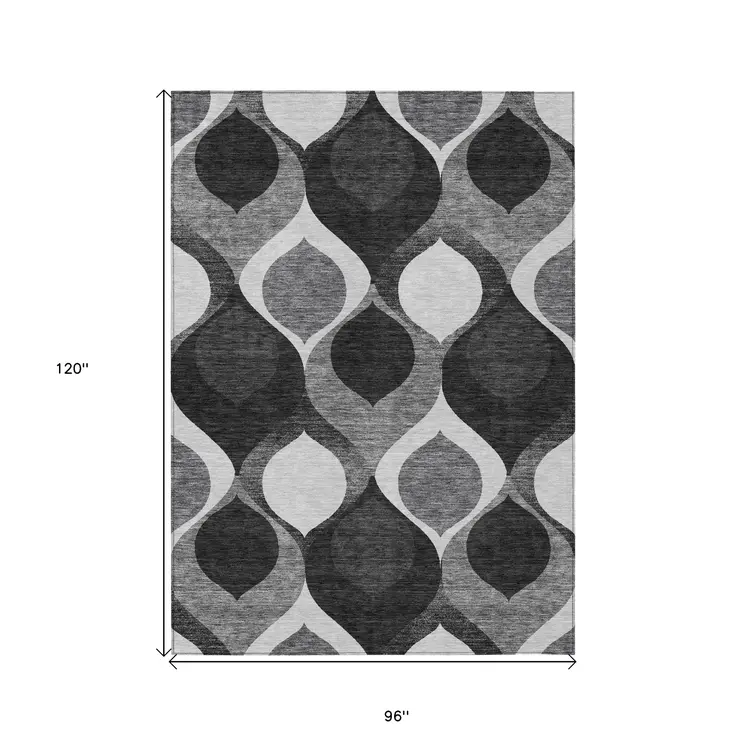 8' X 10' Black Silver And Charcoal Ogee Washable Indoor Outdoor Area Rug