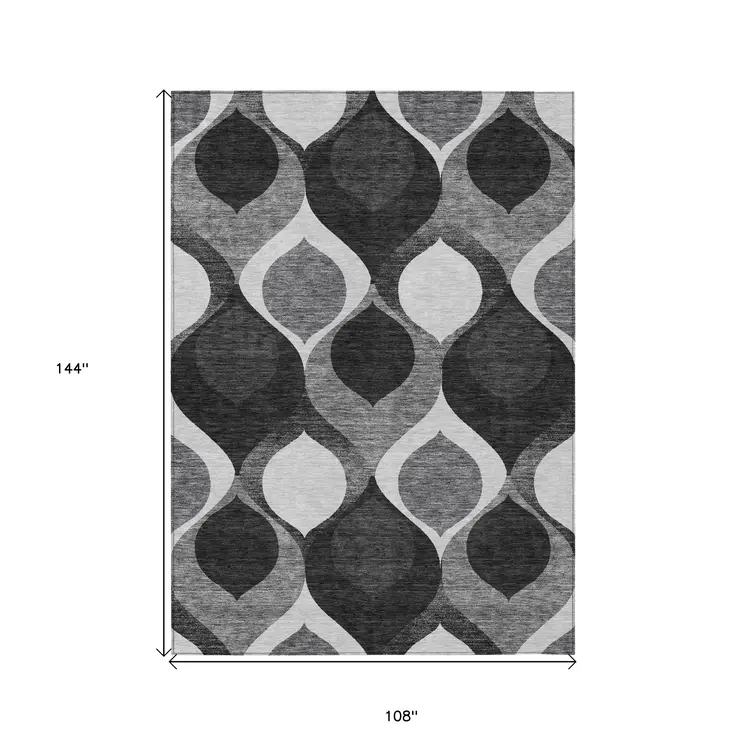 9' X 12' Black Silver And Charcoal Ogee Washable Indoor Outdoor Area Rug