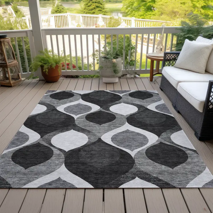 10' X 14' Black Silver And Charcoal Ogee Washable Indoor Outdoor Area Rug