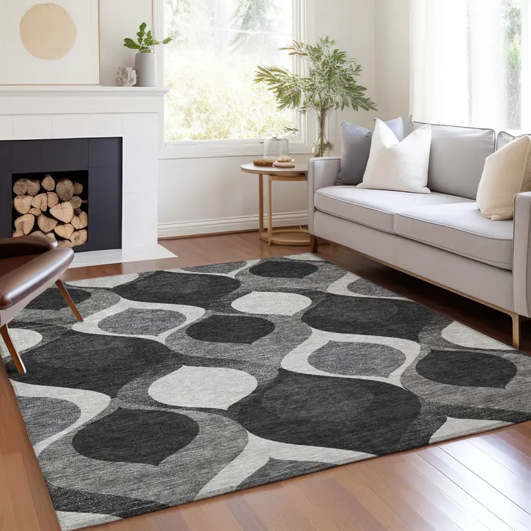 10' X 14' Black Silver And Charcoal Ogee Washable Indoor Outdoor Area Rug