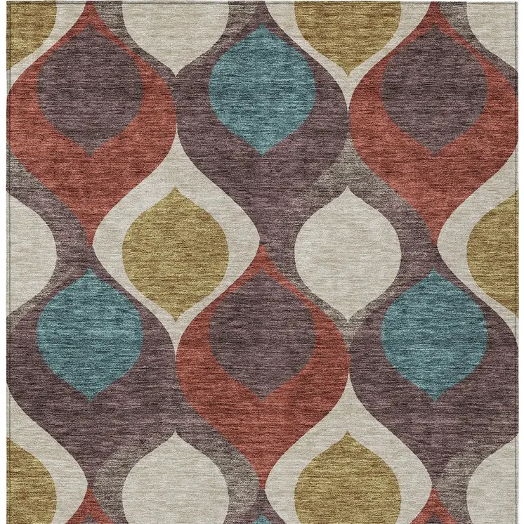3' X 5' Brown Taupe And Teal Blue Ogee Washable Indoor Outdoor Area Rug