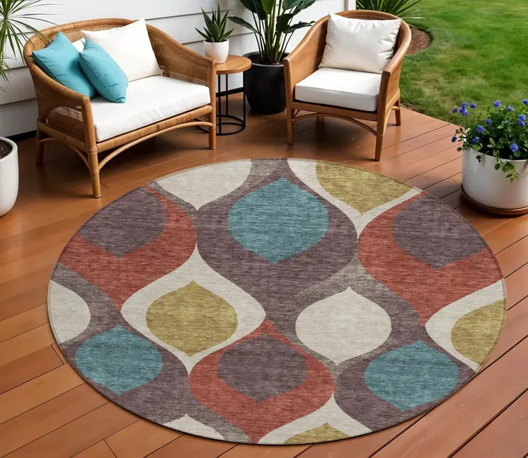 8' Brown Taupe And Teal Blue Round Ogee Washable Indoor Outdoor Area Rug