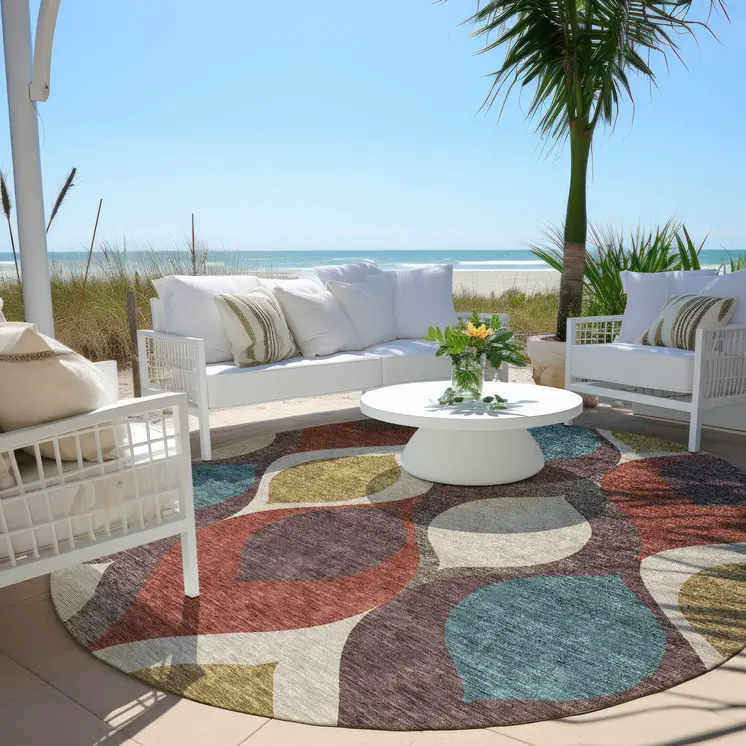 8' Brown Taupe And Teal Blue Round Ogee Washable Indoor Outdoor Area Rug