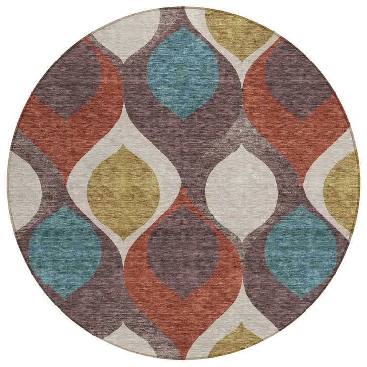 8' Brown Taupe And Teal Blue Round Ogee Washable Indoor Outdoor Area Rug