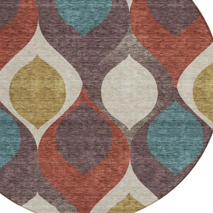 8' Brown Taupe And Teal Blue Round Ogee Washable Indoor Outdoor Area Rug