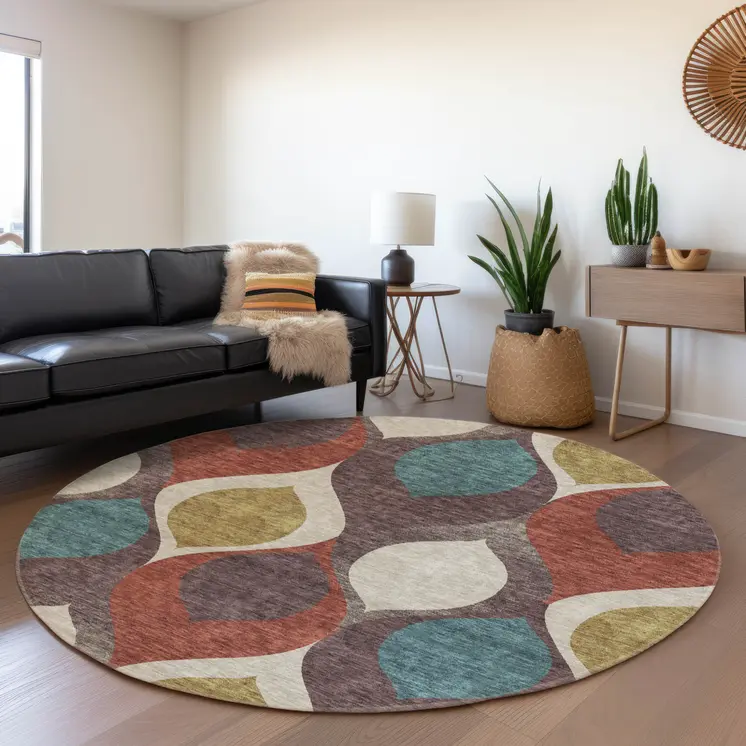 8' Brown Taupe And Teal Blue Round Ogee Washable Indoor Outdoor Area Rug