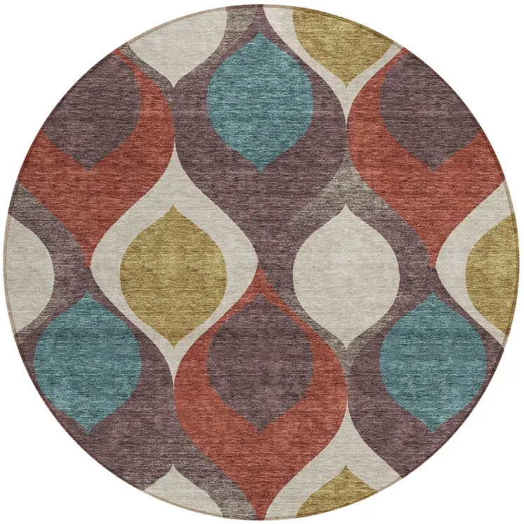 8' Brown Taupe And Teal Blue Round Ogee Washable Indoor Outdoor Area Rug