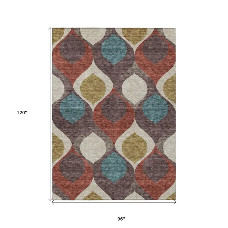 8' X 10' Brown Taupe And Teal Blue Ogee Washable Indoor Outdoor Area Rug