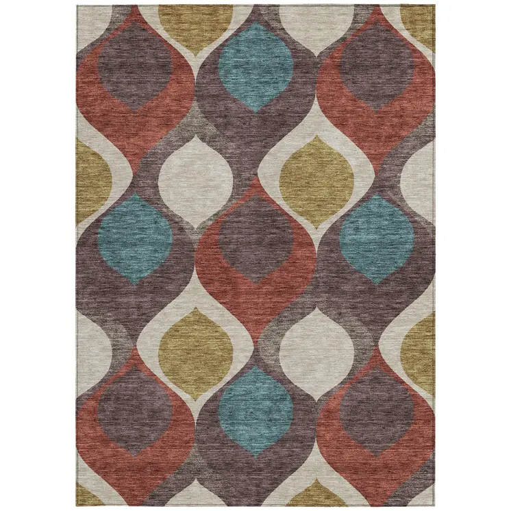 9' X 12' Brown Taupe And Teal Blue Ogee Washable Indoor Outdoor Area Rug