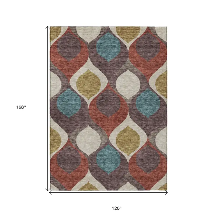 10' X 14' Brown Taupe And Teal Blue Ogee Washable Indoor Outdoor Area Rug