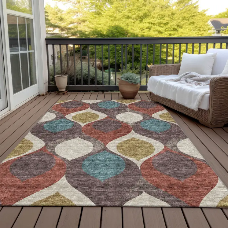 10' X 14' Brown Taupe And Teal Blue Ogee Washable Indoor Outdoor Area Rug