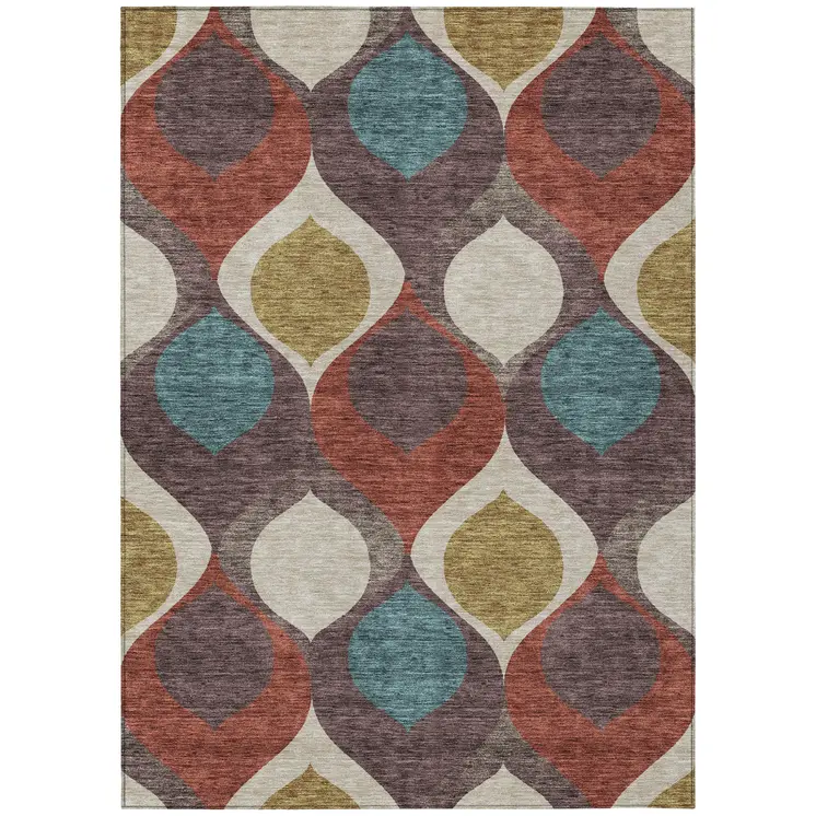10' X 14' Brown Taupe And Teal Blue Ogee Washable Indoor Outdoor Area Rug