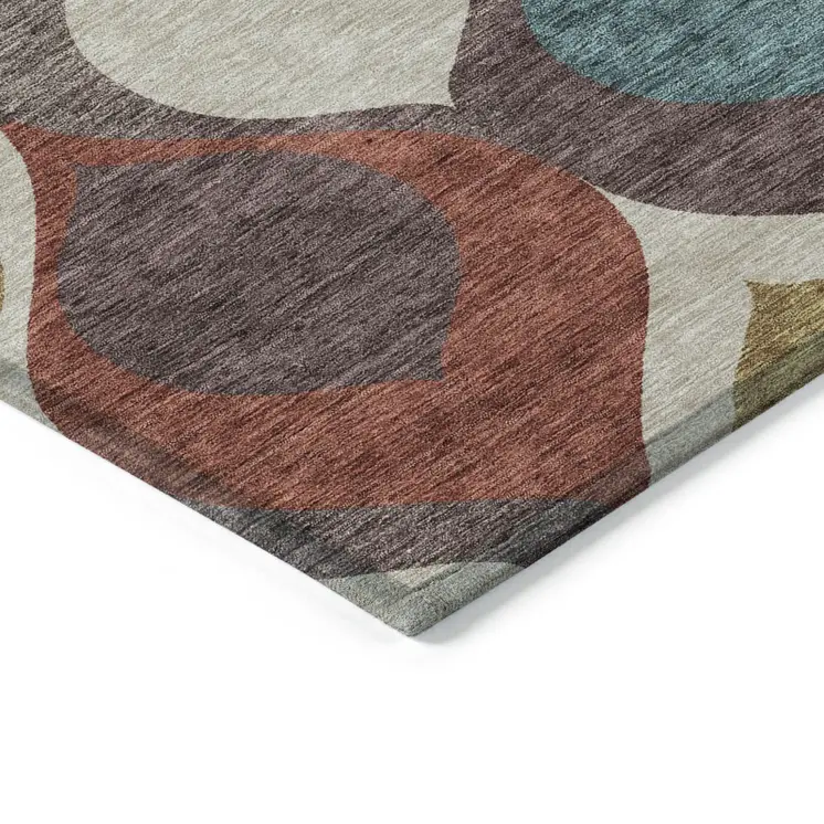 10' X 14' Brown Taupe And Teal Blue Ogee Washable Indoor Outdoor Area Rug