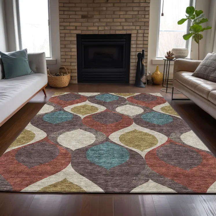 10' X 14' Brown Taupe And Teal Blue Ogee Washable Indoor Outdoor Area Rug