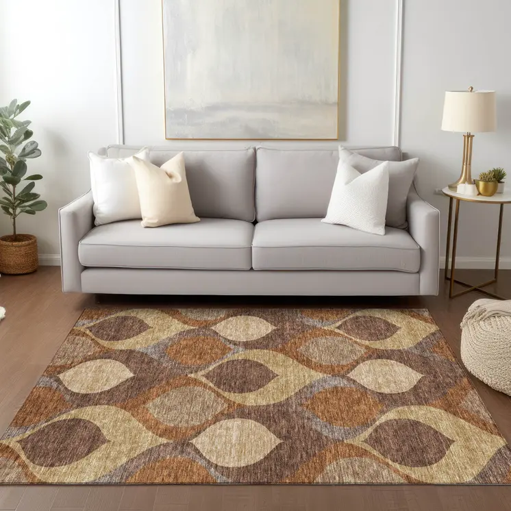 3' X 5' Copper Beige And Taupe Ogee Washable Indoor Outdoor Area Rug