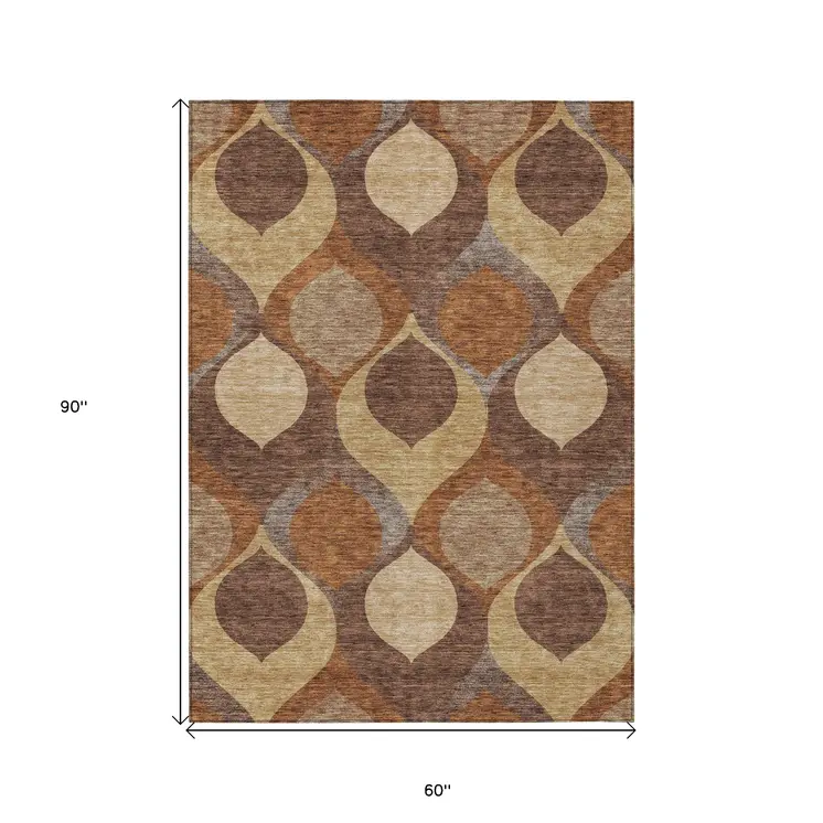 5' X 8' Copper Beige And Taupe Ogee Washable Indoor Outdoor Area Rug