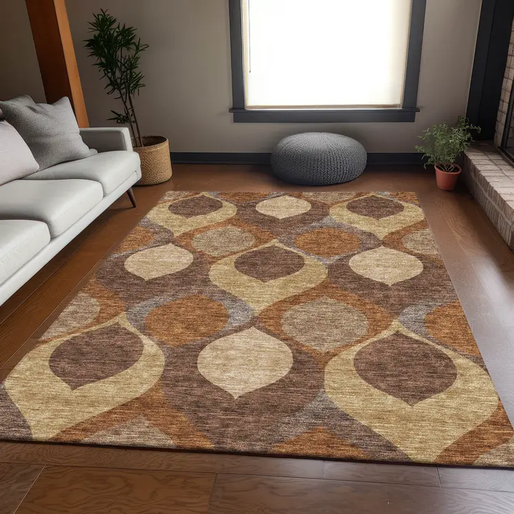 5' X 8' Copper Beige And Taupe Ogee Washable Indoor Outdoor Area Rug