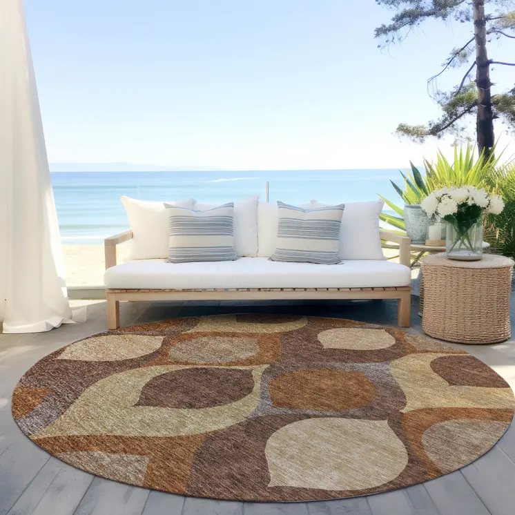 8' Copper Beige And Taupe Round Ogee Washable Indoor Outdoor Area Rug