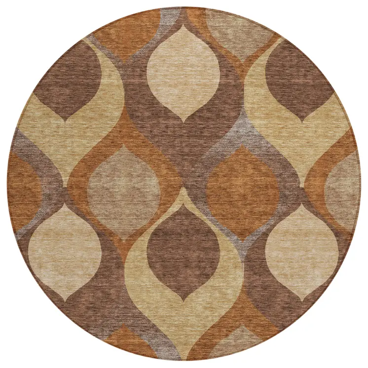 8' Copper Beige And Taupe Round Ogee Washable Indoor Outdoor Area Rug