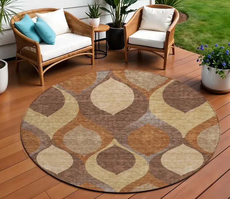 8' Copper Beige And Taupe Round Ogee Washable Indoor Outdoor Area Rug