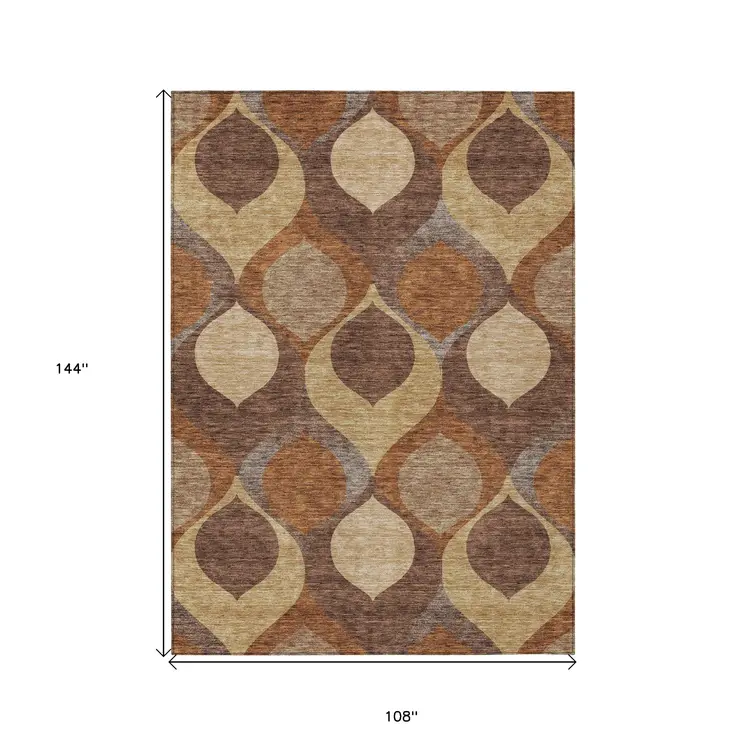 9' X 12' Copper Beige And Taupe Ogee Washable Indoor Outdoor Area Rug