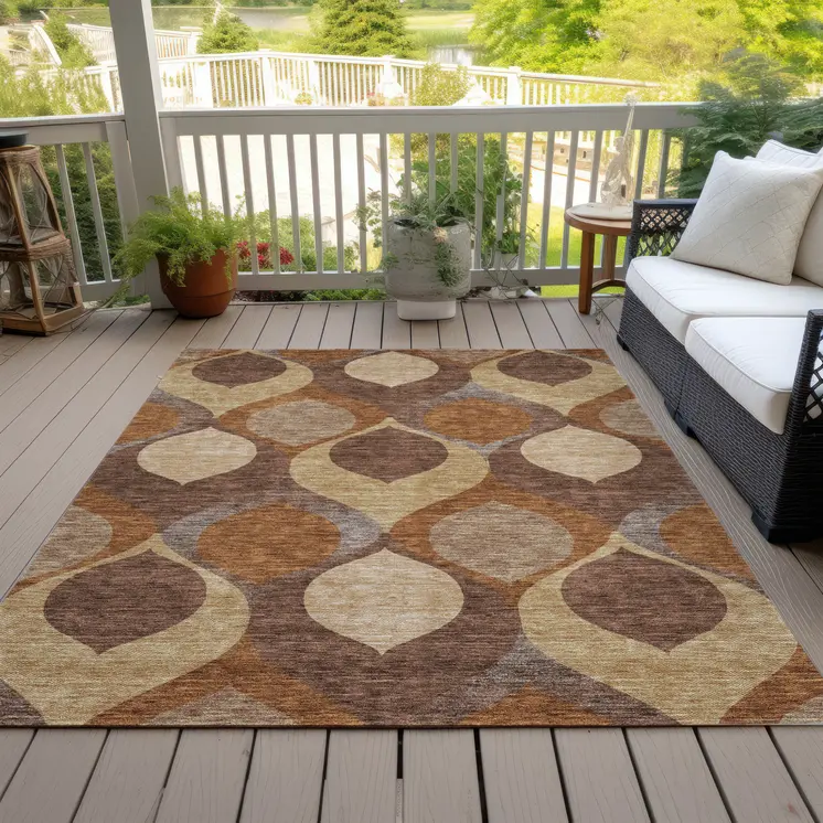 9' X 12' Copper Beige And Taupe Ogee Washable Indoor Outdoor Area Rug