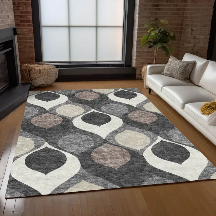 3' X 5' Gray Beige And Taupe Ogee Washable Indoor Outdoor Area Rug