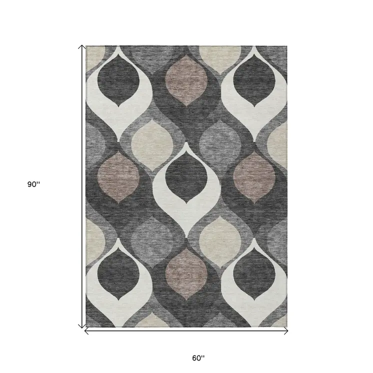 5' X 8' Gray Beige And Taupe Ogee Washable Indoor Outdoor Area Rug