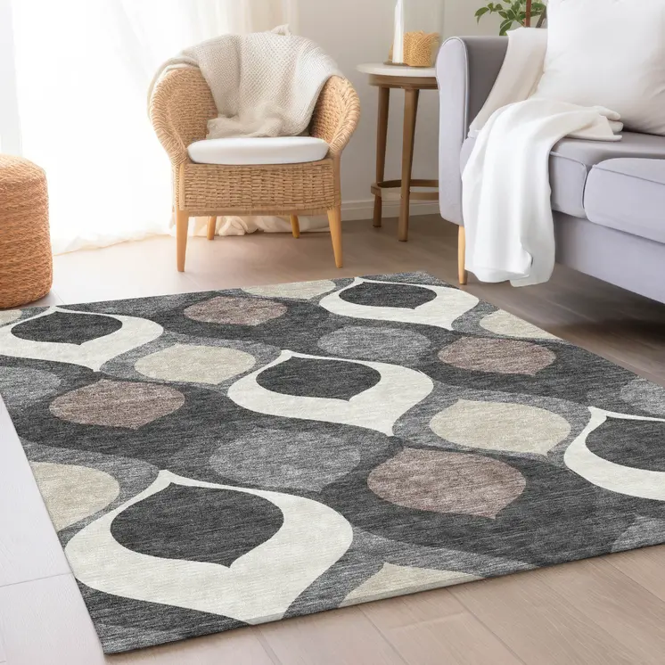 5' X 8' Gray Beige And Taupe Ogee Washable Indoor Outdoor Area Rug