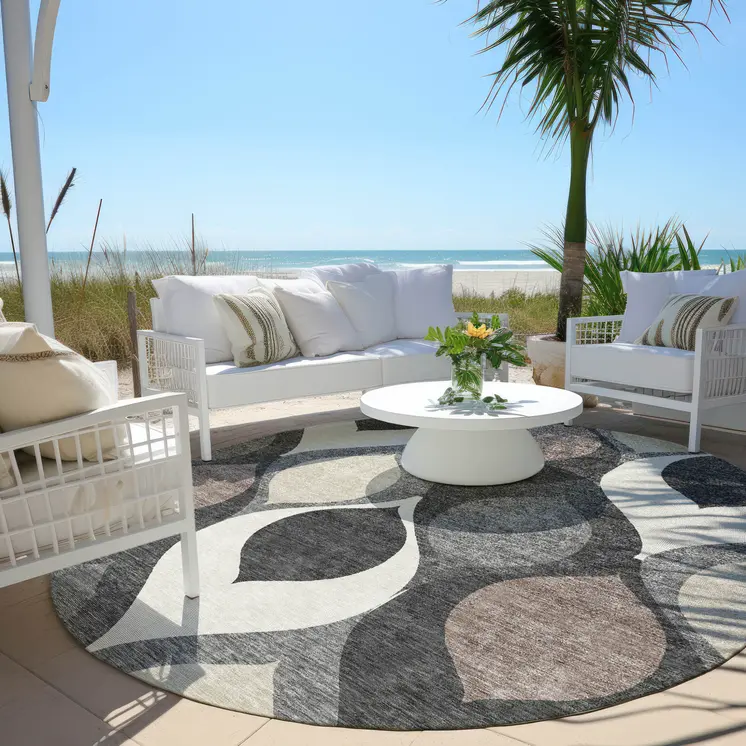 8' Gray Beige And Taupe Round Ogee Washable Indoor Outdoor Area Rug