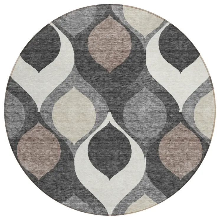 8' Gray Beige And Taupe Round Ogee Washable Indoor Outdoor Area Rug