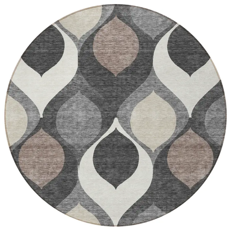 8' Gray Beige And Taupe Round Ogee Washable Indoor Outdoor Area Rug